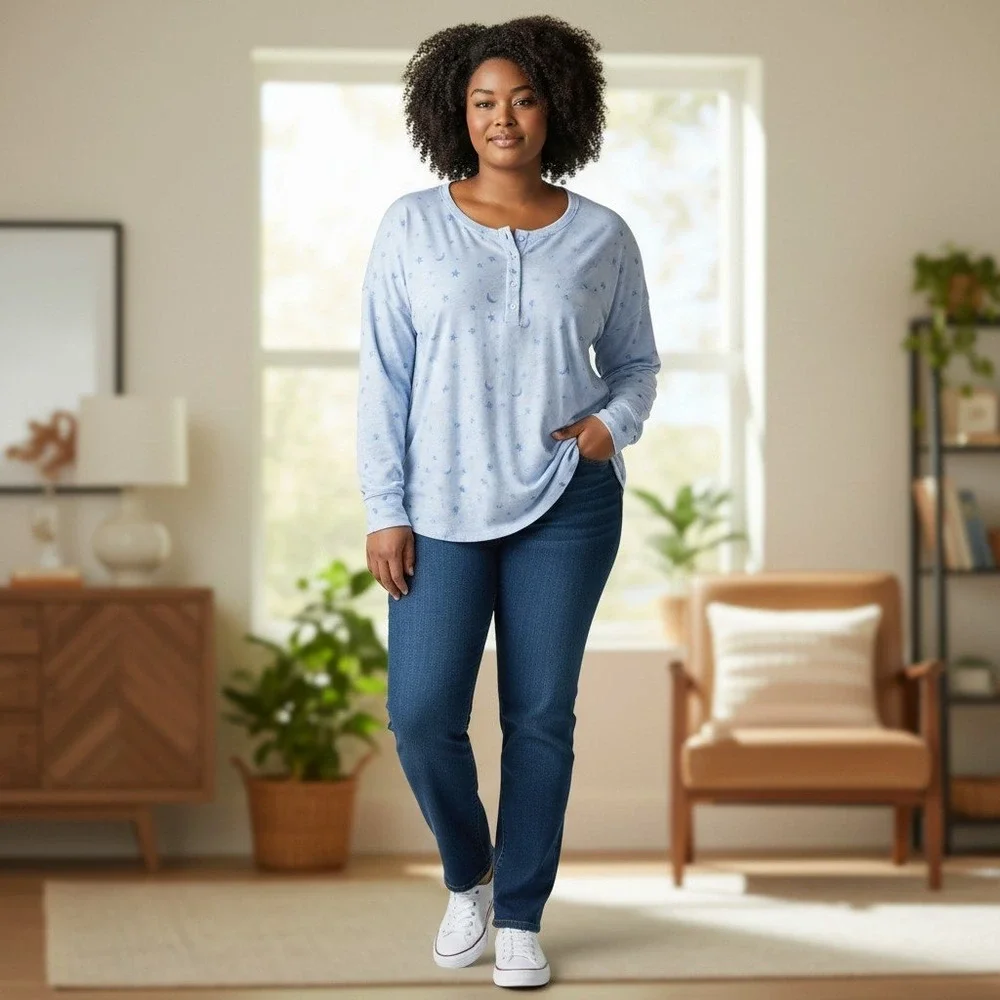 OMG SO SOFT WARM Ann Taylor LOFT Henley Shirt PLus Size 2X Sleep Blue Moon Stars